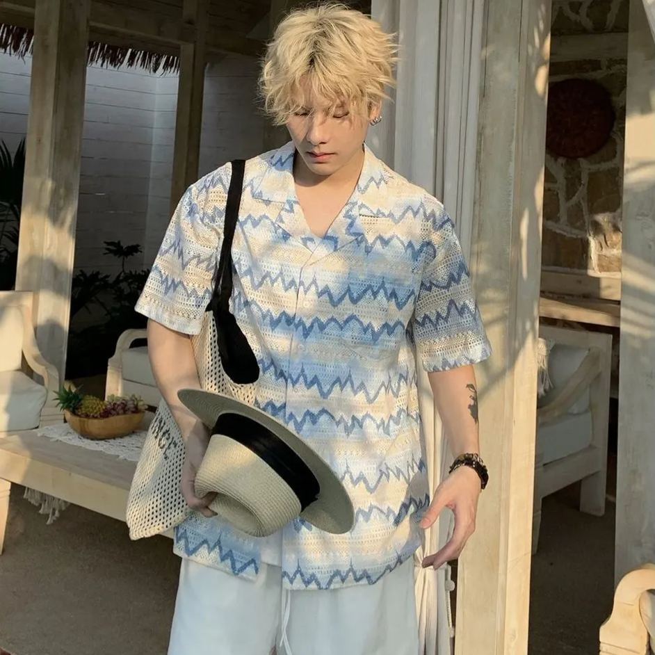 【單件/套裝】春夏美式復古夏威夷鏤空短袖襯衫+純色T恤+休閒短褲三件套