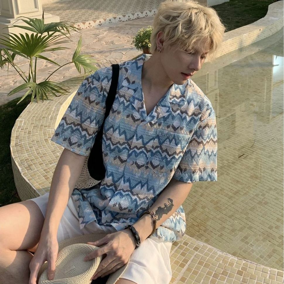 【單件/套裝】春夏美式復古夏威夷鏤空短袖襯衫+純色T恤+休閒短褲三件套