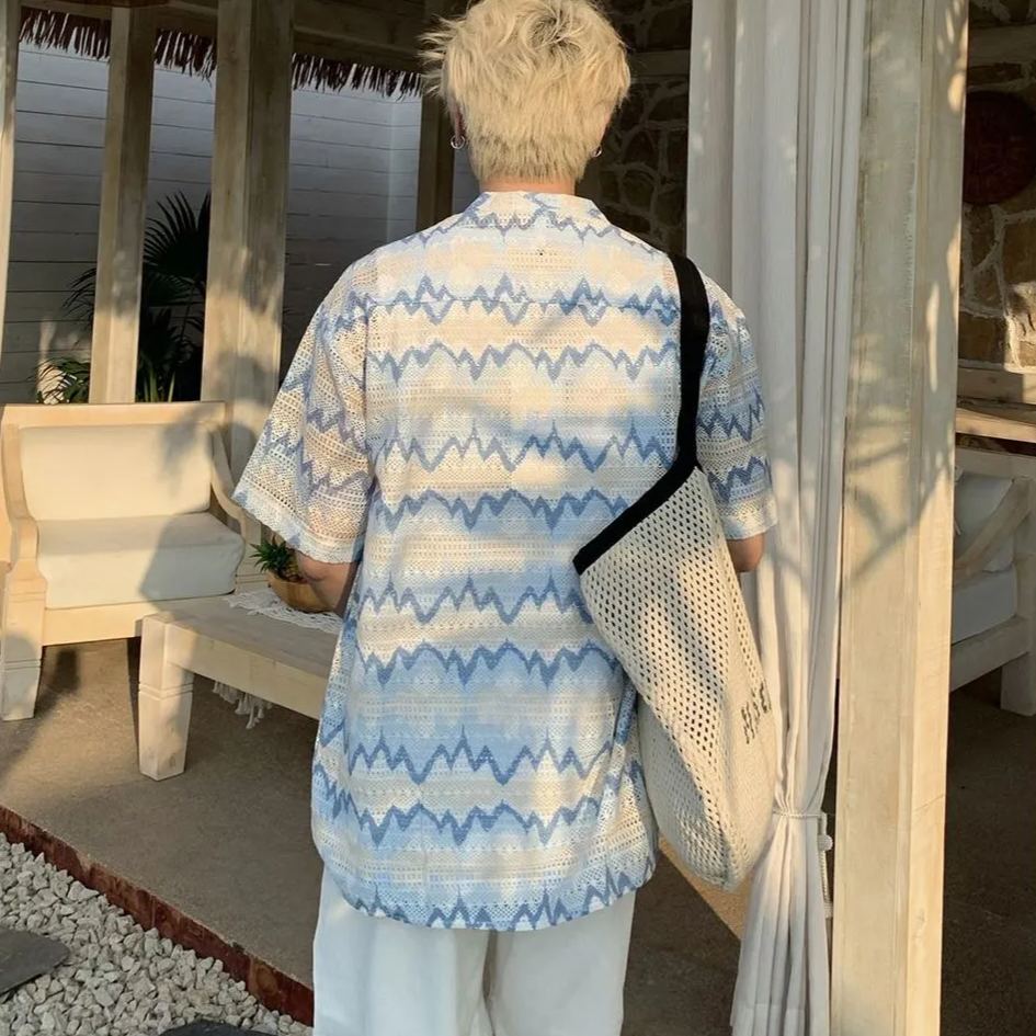 【單件/套裝】春夏美式復古夏威夷鏤空短袖襯衫+純色T恤+休閒短褲三件套