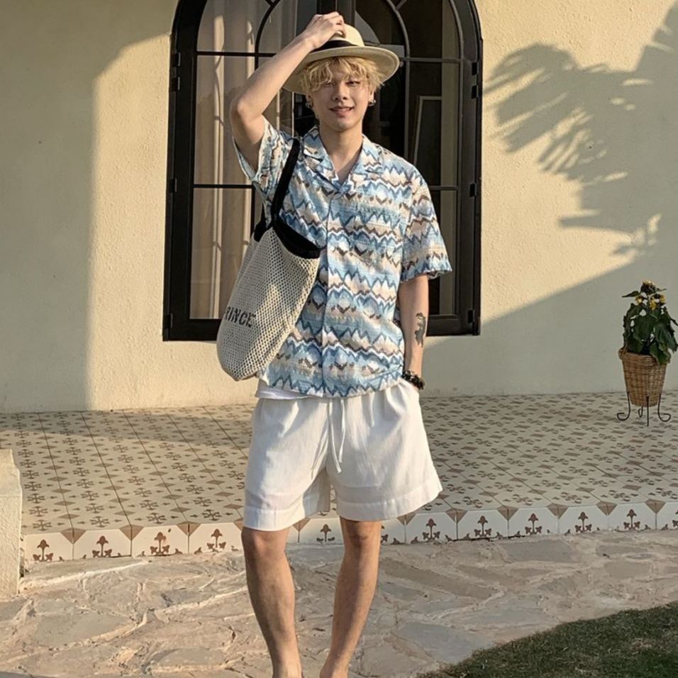 【單件/套裝】春夏美式復古夏威夷鏤空短袖襯衫+純色T恤+休閒短褲三件套
