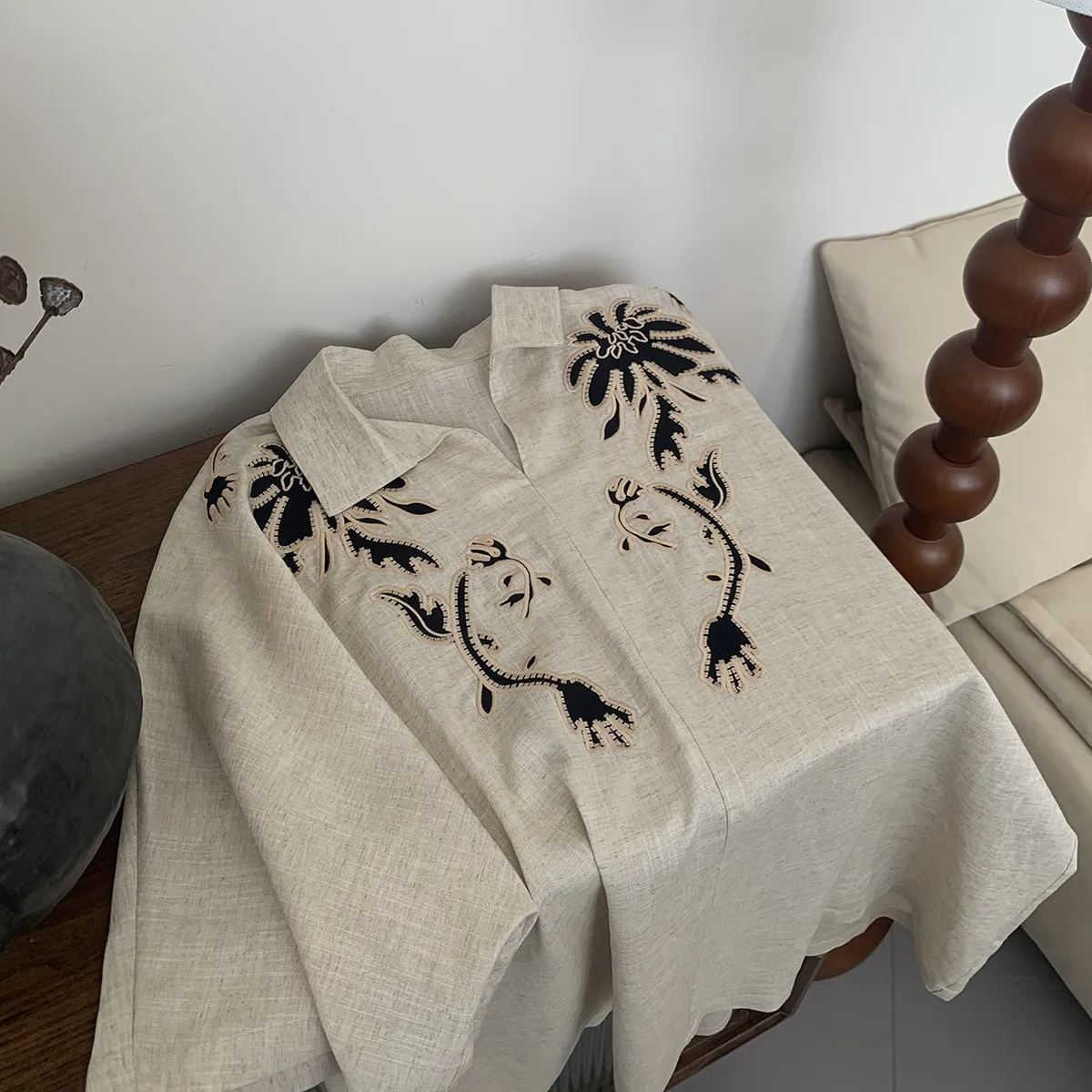 美式復古重磅刺繡度假風亞麻休閒短袖Polo衫