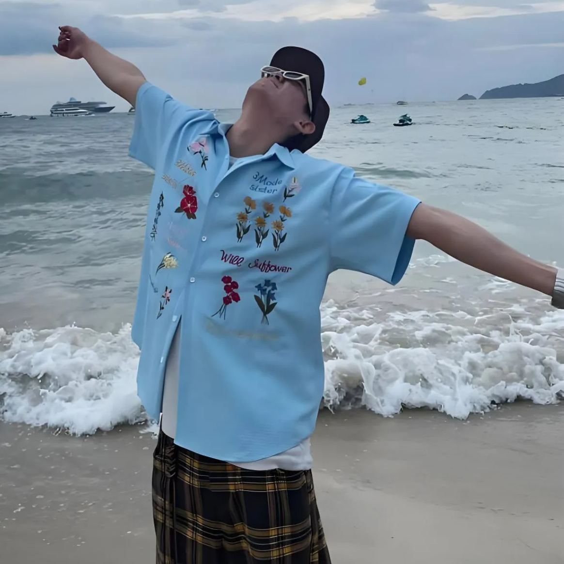 美式復古華夫格寬鬆慵懶風休閒百搭彩色花卉刺繡短袖襯衫