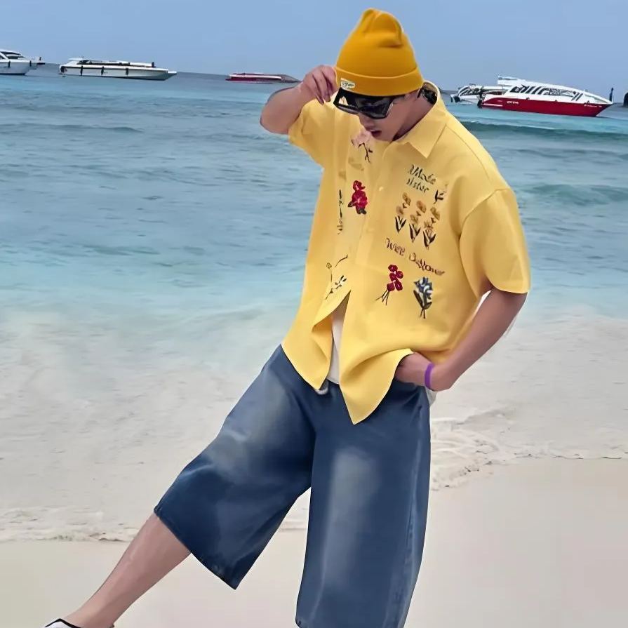 美式復古華夫格寬鬆慵懶風休閒百搭彩色花卉刺繡短袖襯衫