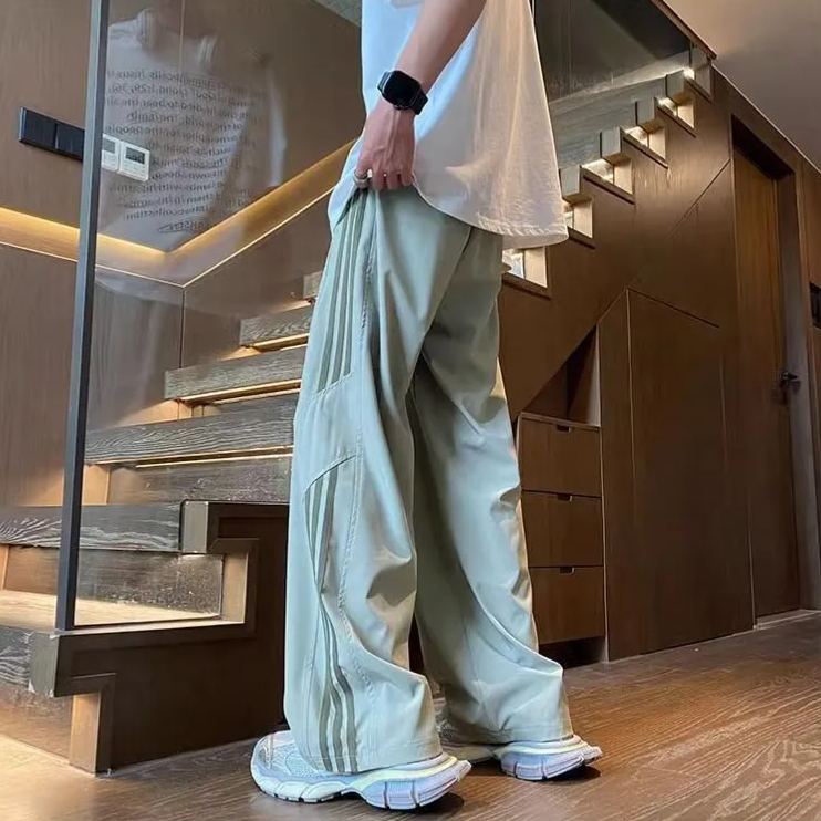 美式三條杠冰絲速乾高街hiphop寬鬆闊腿休閒運動褲