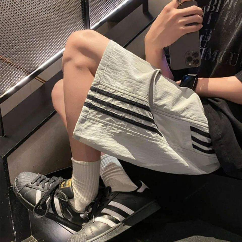 冰絲速乾薄款條紋ins美式工裝運動五分褲