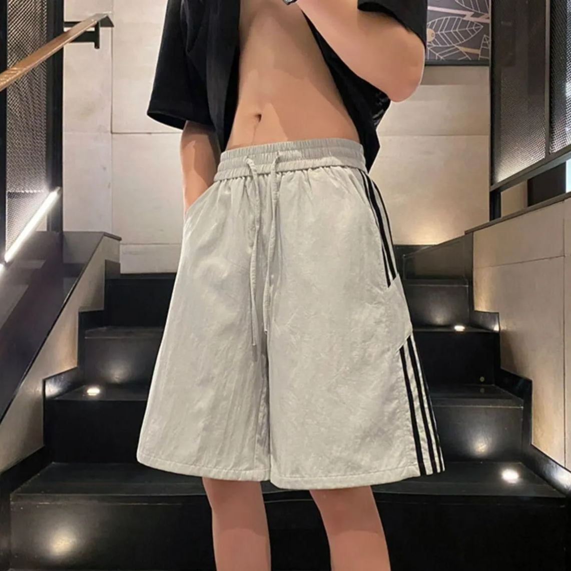 冰絲速乾薄款條紋ins美式工裝運動五分褲