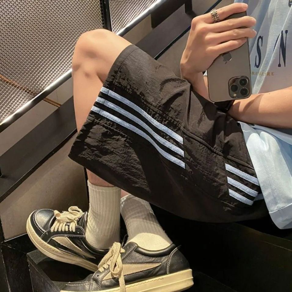 冰絲速乾薄款條紋ins美式工裝運動五分褲