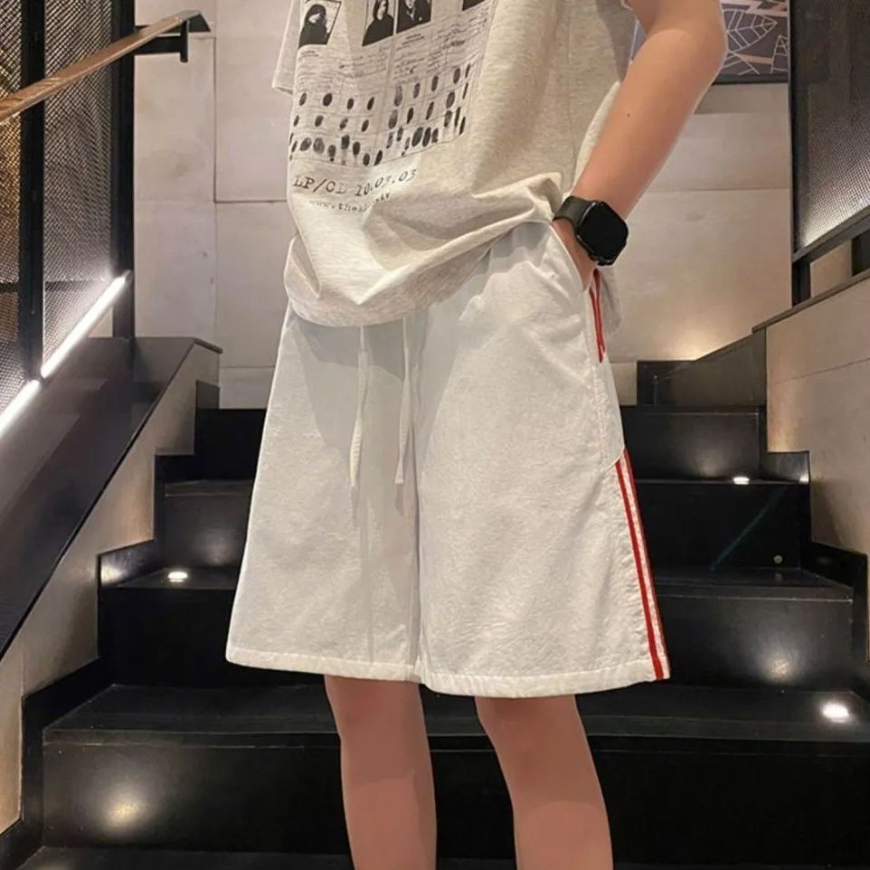冰絲速乾薄款條紋ins美式工裝運動五分褲