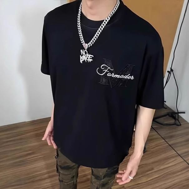 小香風浮雕美式小眾設計感重磅正肩T恤