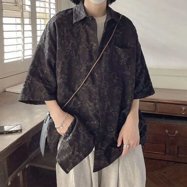 浮雕壓花潮ins痞帥休閒寬松雅痞小眾短袖襯衫