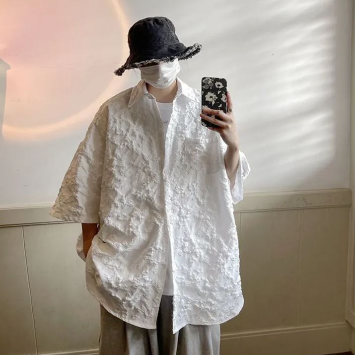 浮雕壓花潮ins痞帥休閒寬松雅痞小眾短袖襯衫