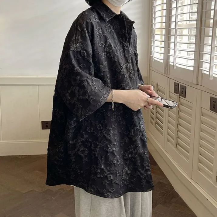 浮雕壓花潮ins痞帥休閒寬松雅痞小眾短袖襯衫