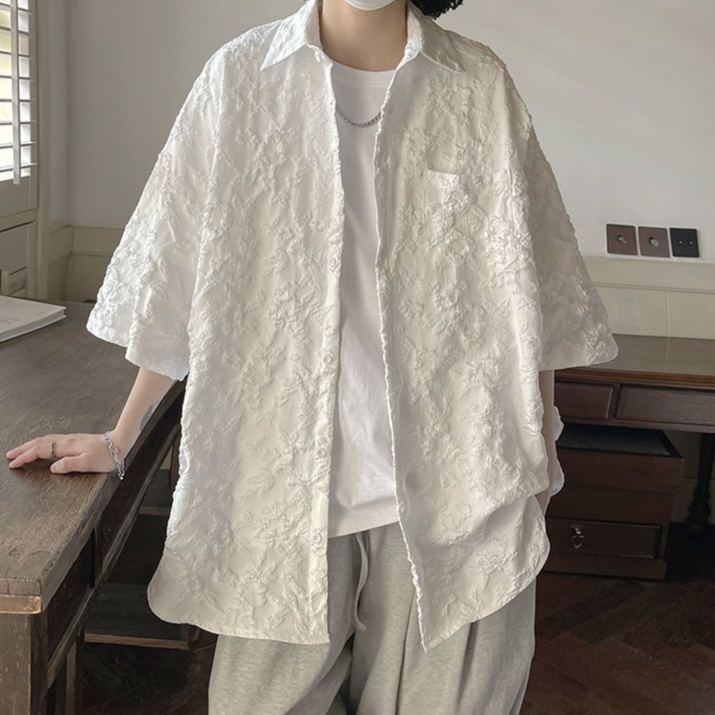 浮雕壓花潮ins痞帥休閒寬松雅痞小眾短袖襯衫