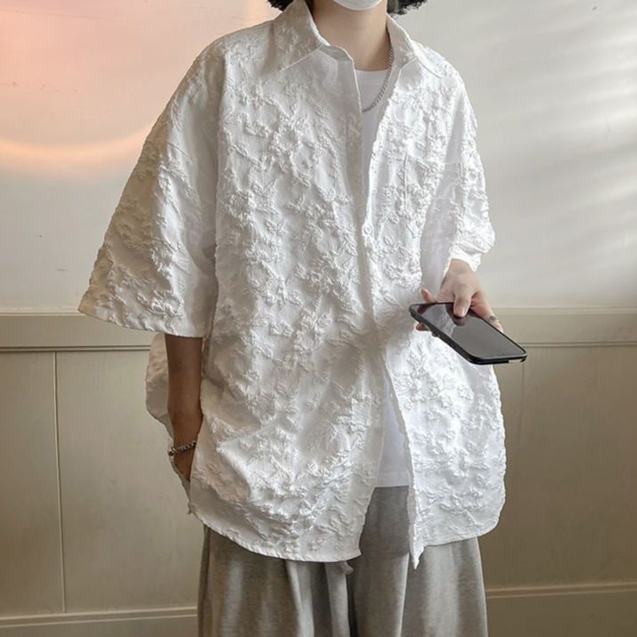 浮雕壓花潮ins痞帥休閒寬松雅痞小眾短袖襯衫