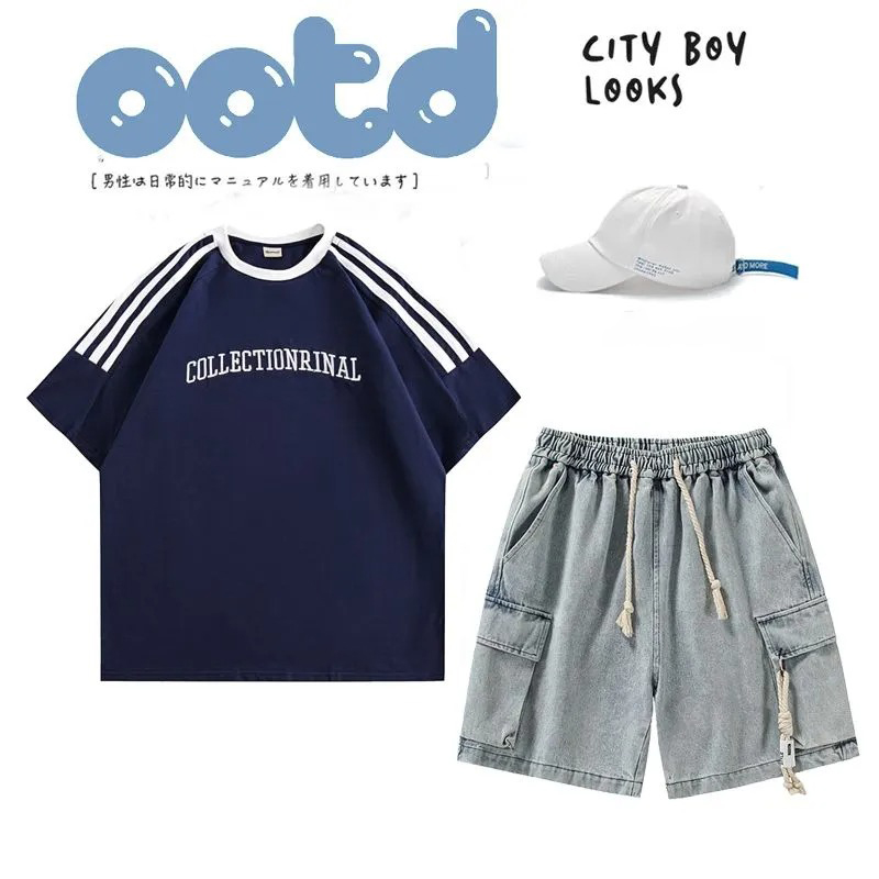 【單件/套裝】美式復古寬鬆休閒短袖T恤+鬆緊腰寬鬆短褲兩件套裝