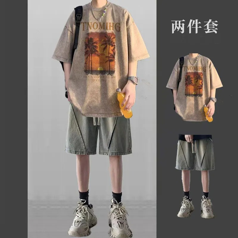 【整套】美式復古潮流高街短袖t恤+薄款休閑牛仔短褲兩件套
