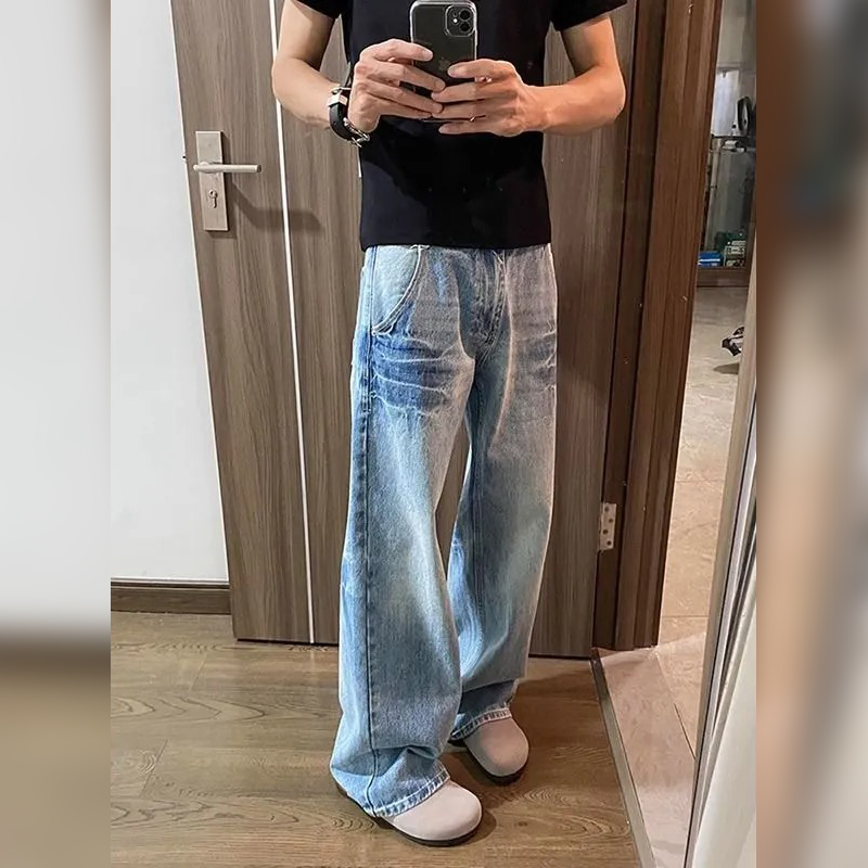 美式復古闊腿直筒水洗做舊閃電紋牛仔褲