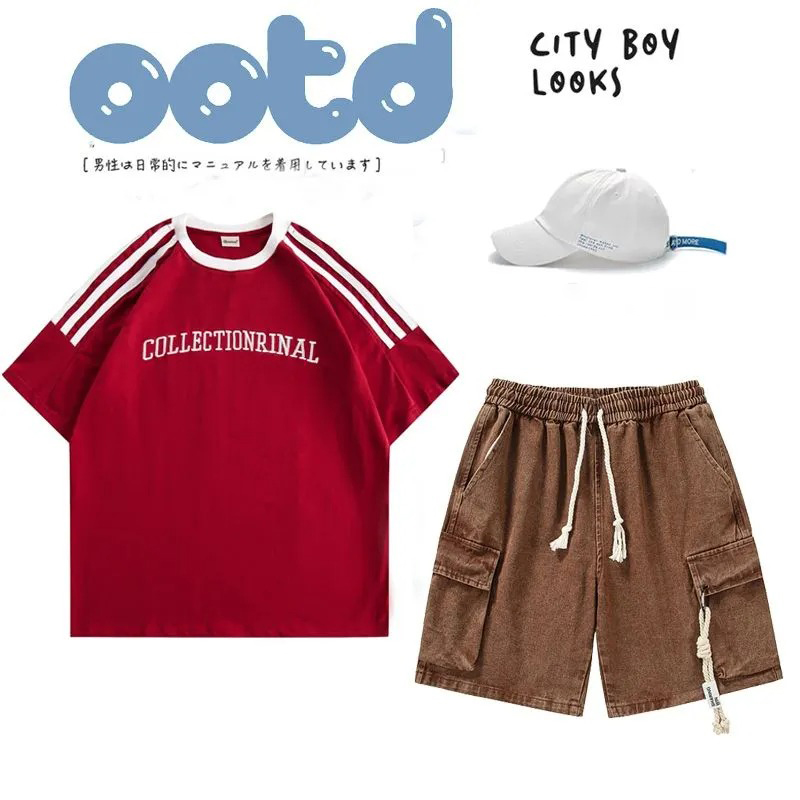 【單件/套裝】美式復古寬鬆休閒短袖T恤+鬆緊腰寬鬆短褲兩件套裝