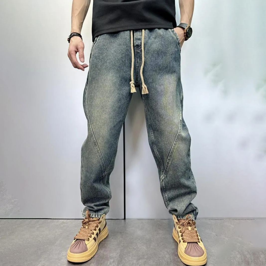 百搭復古水洗做舊寬鬆直筒哈倫牛仔褲