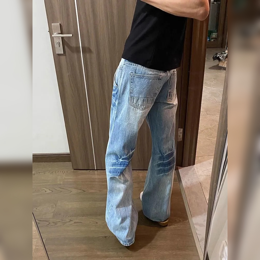 美式復古闊腿直筒水洗做舊閃電紋牛仔褲