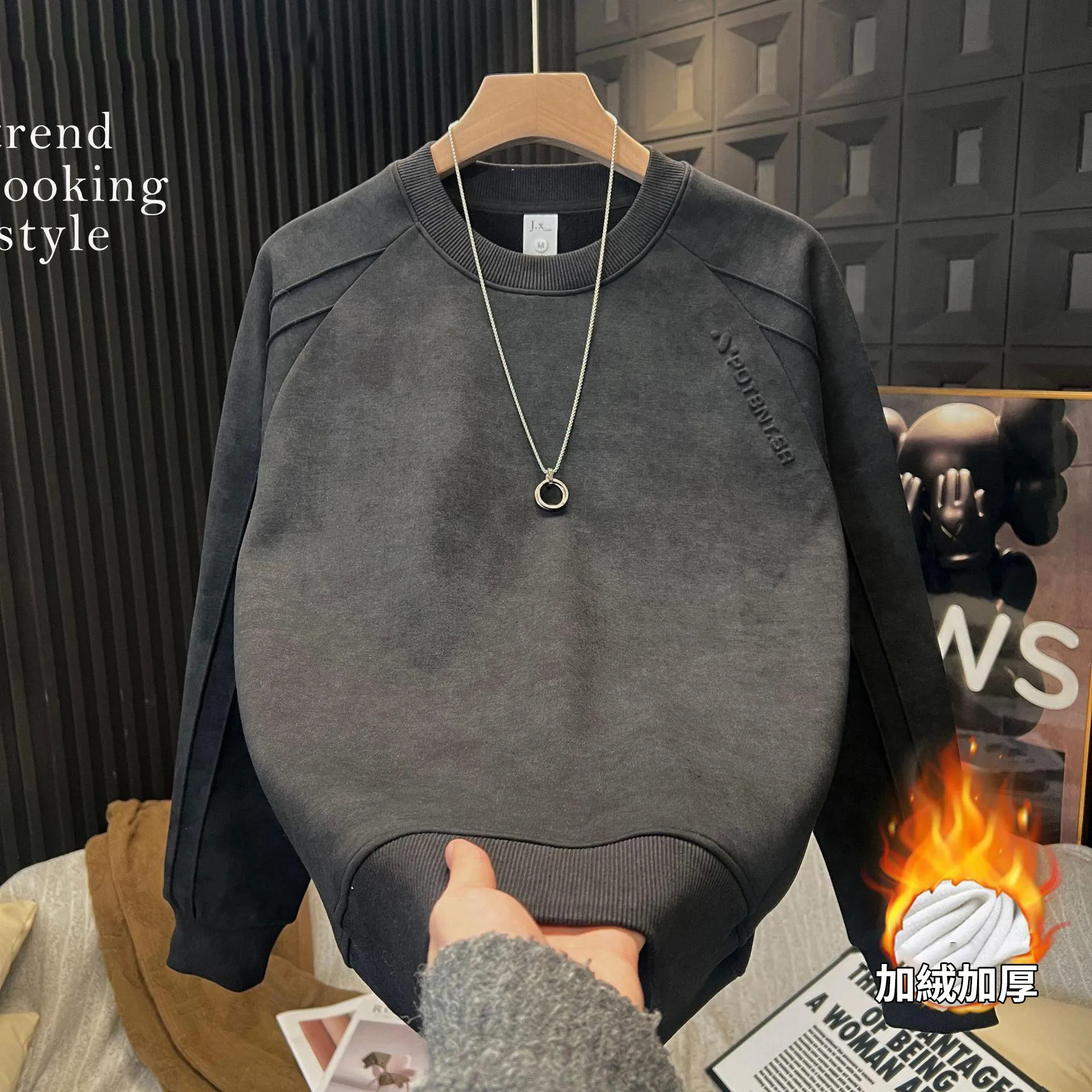 潮流時尚百搭紮染圓領休閒字母刷毛長袖T恤