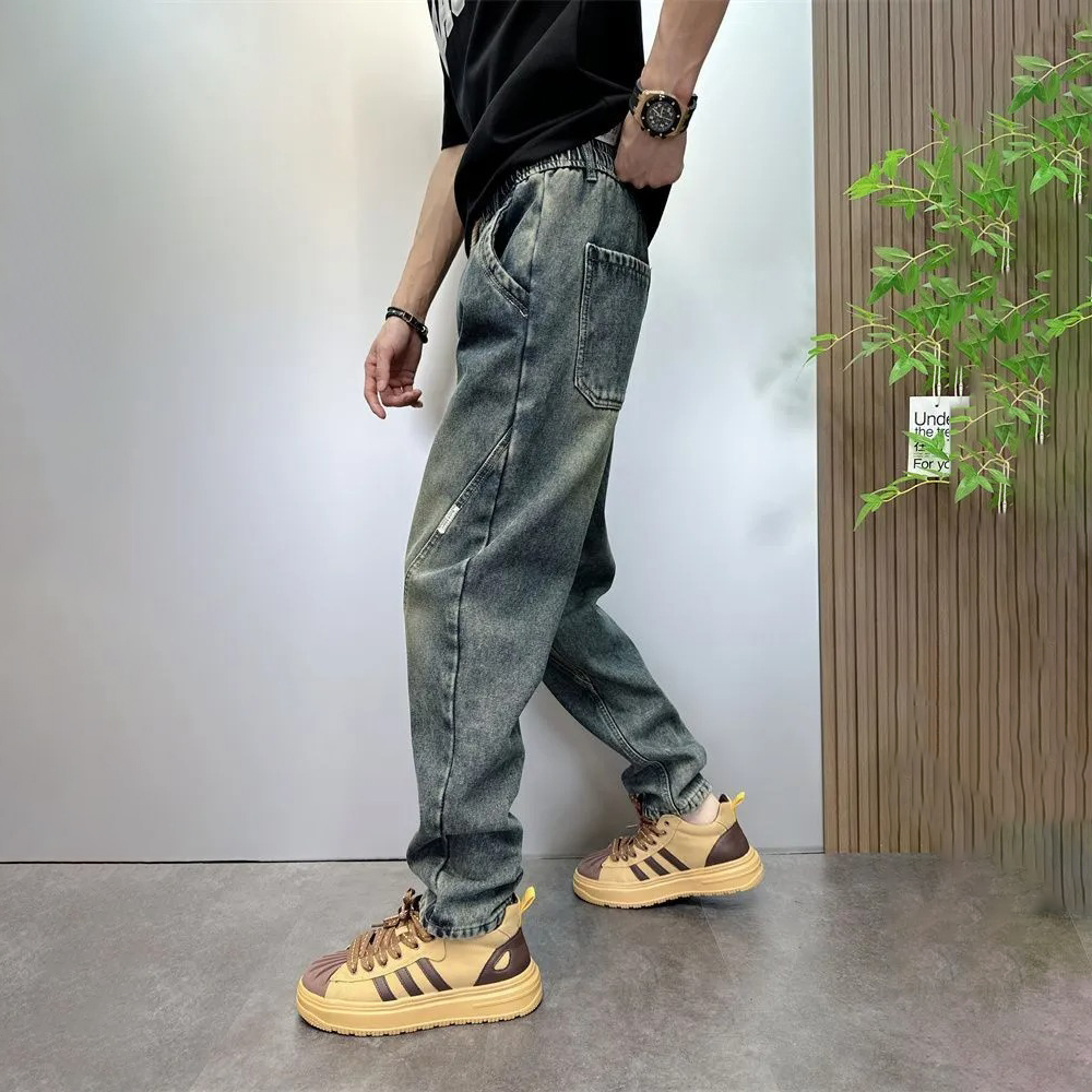 百搭復古水洗做舊寬鬆直筒哈倫牛仔褲