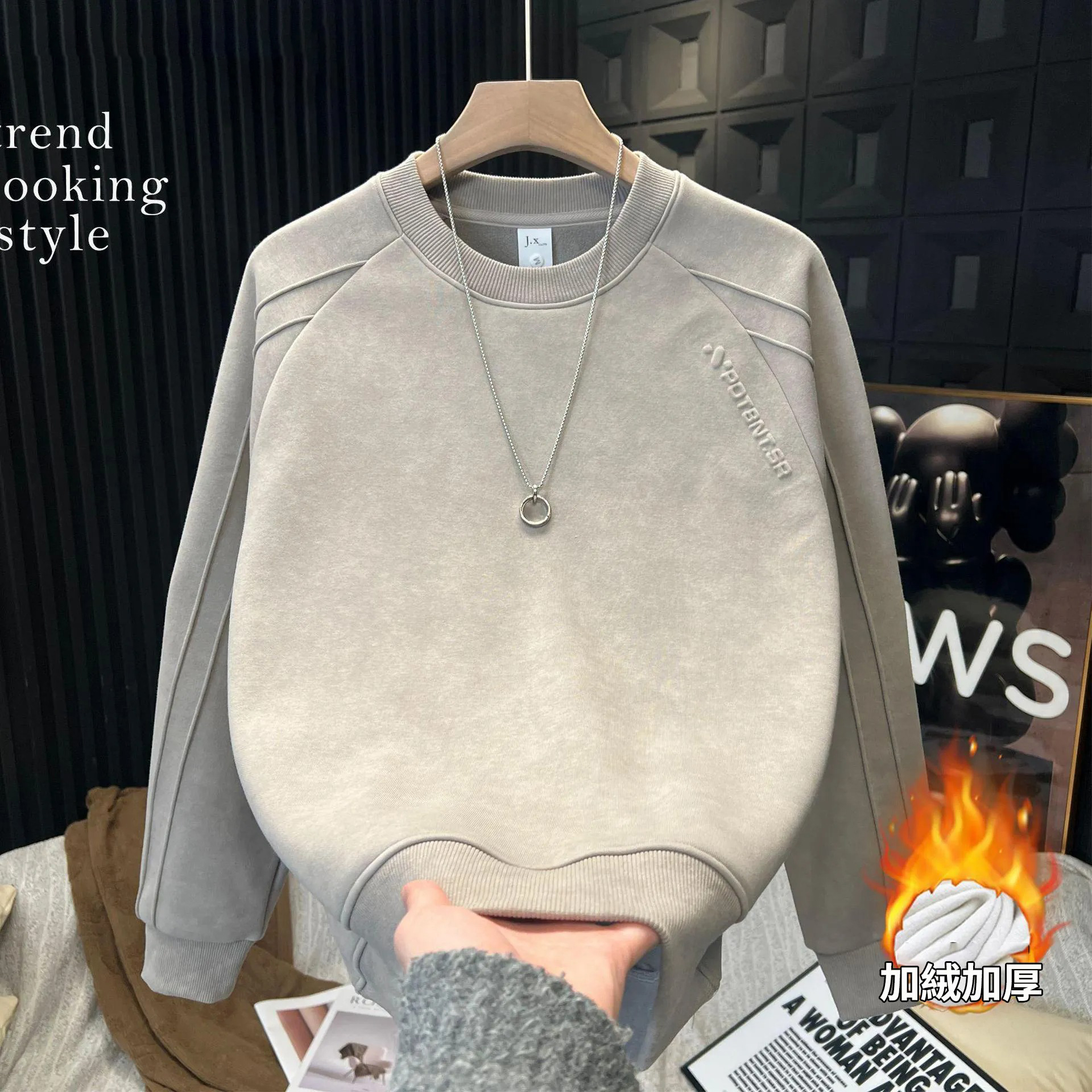 潮流時尚百搭紮染圓領休閒字母刷毛長袖T恤