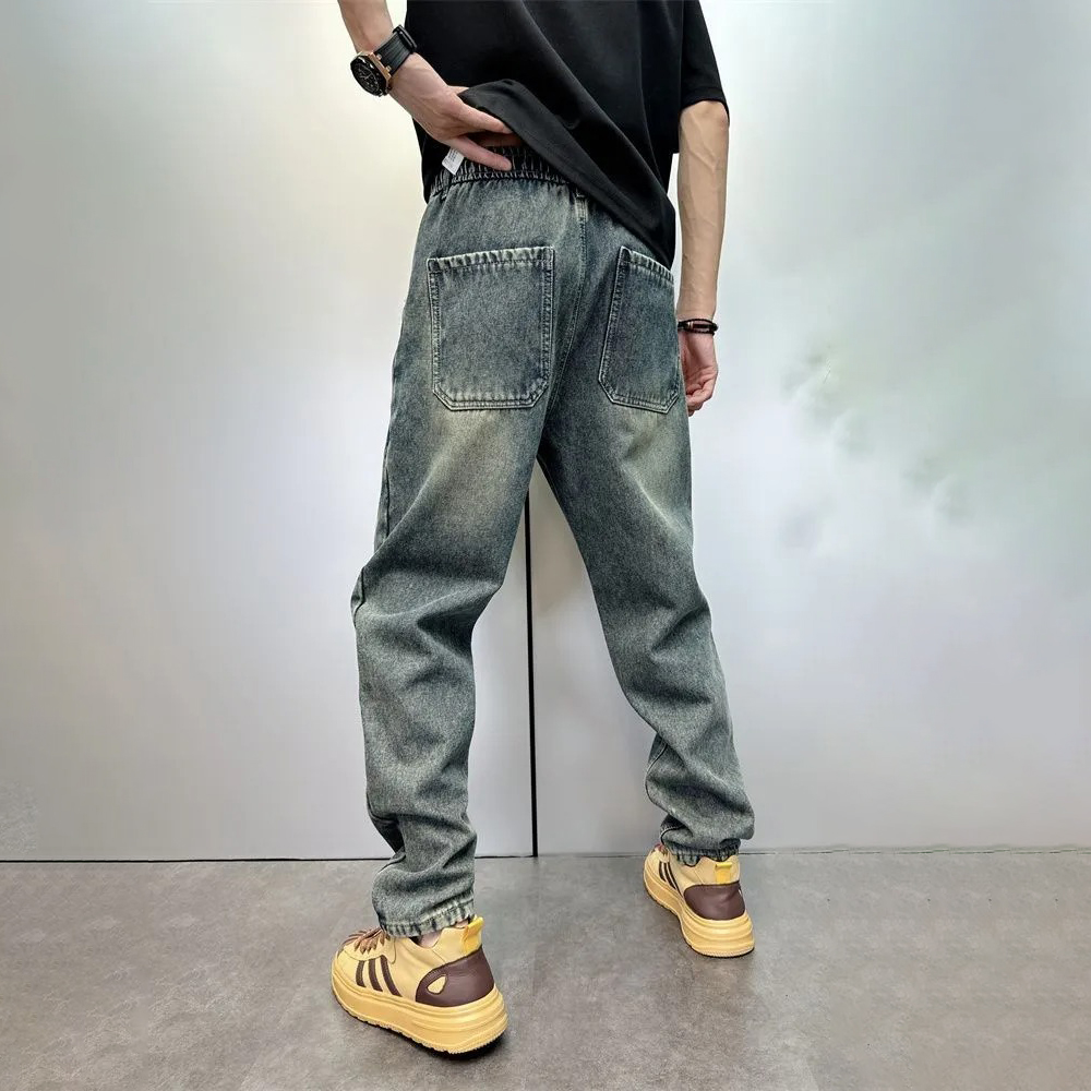 百搭復古水洗做舊寬鬆直筒哈倫牛仔褲