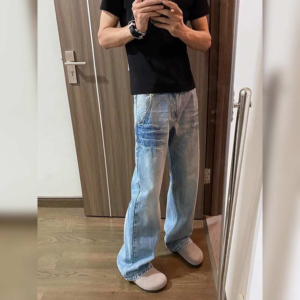 美式復古闊腿直筒水洗做舊閃電紋牛仔褲