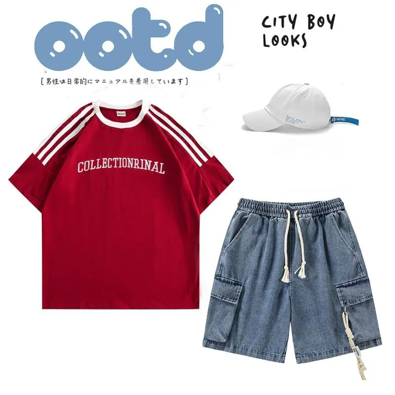 【單件/套裝】美式復古寬鬆休閒短袖T恤+鬆緊腰寬鬆短褲兩件套裝