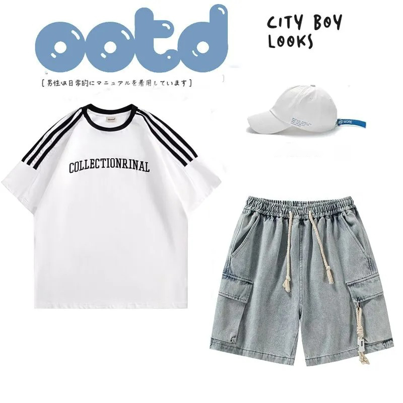 【單件/套裝】美式復古寬鬆休閒短袖T恤+鬆緊腰寬鬆短褲兩件套裝