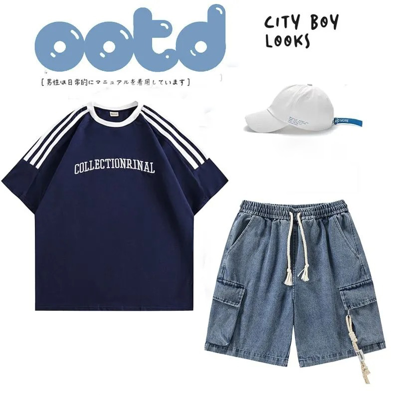 【單件/套裝】美式復古寬鬆休閒短袖T恤+鬆緊腰寬鬆短褲兩件套裝