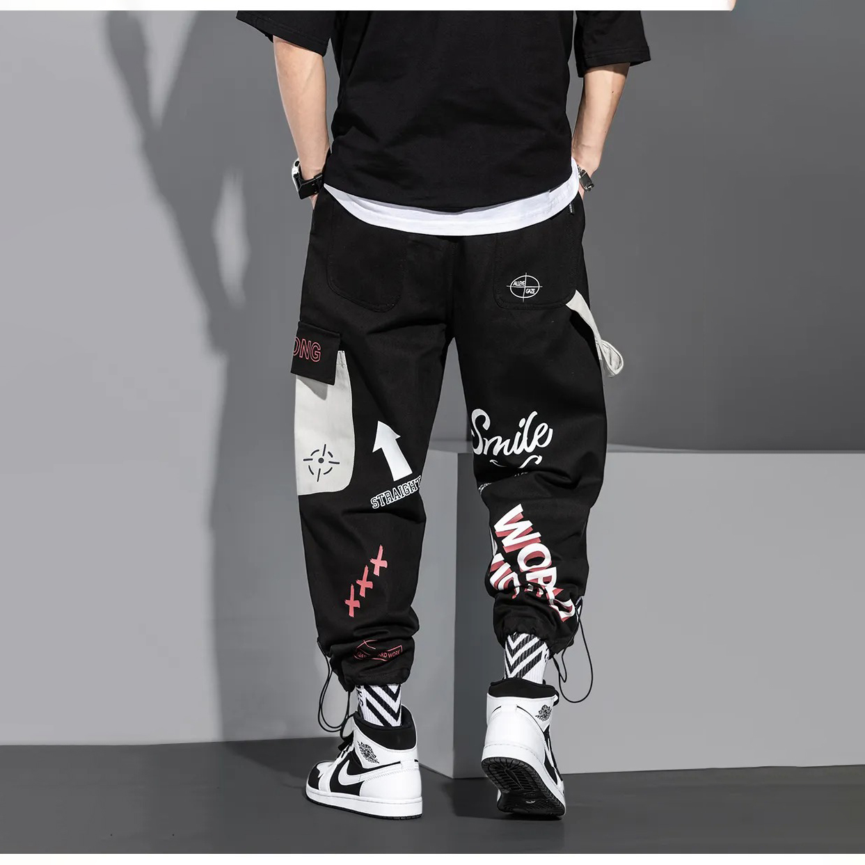潮流寬鬆直筒休閒ins卡通字母塗鴉印花工裝褲