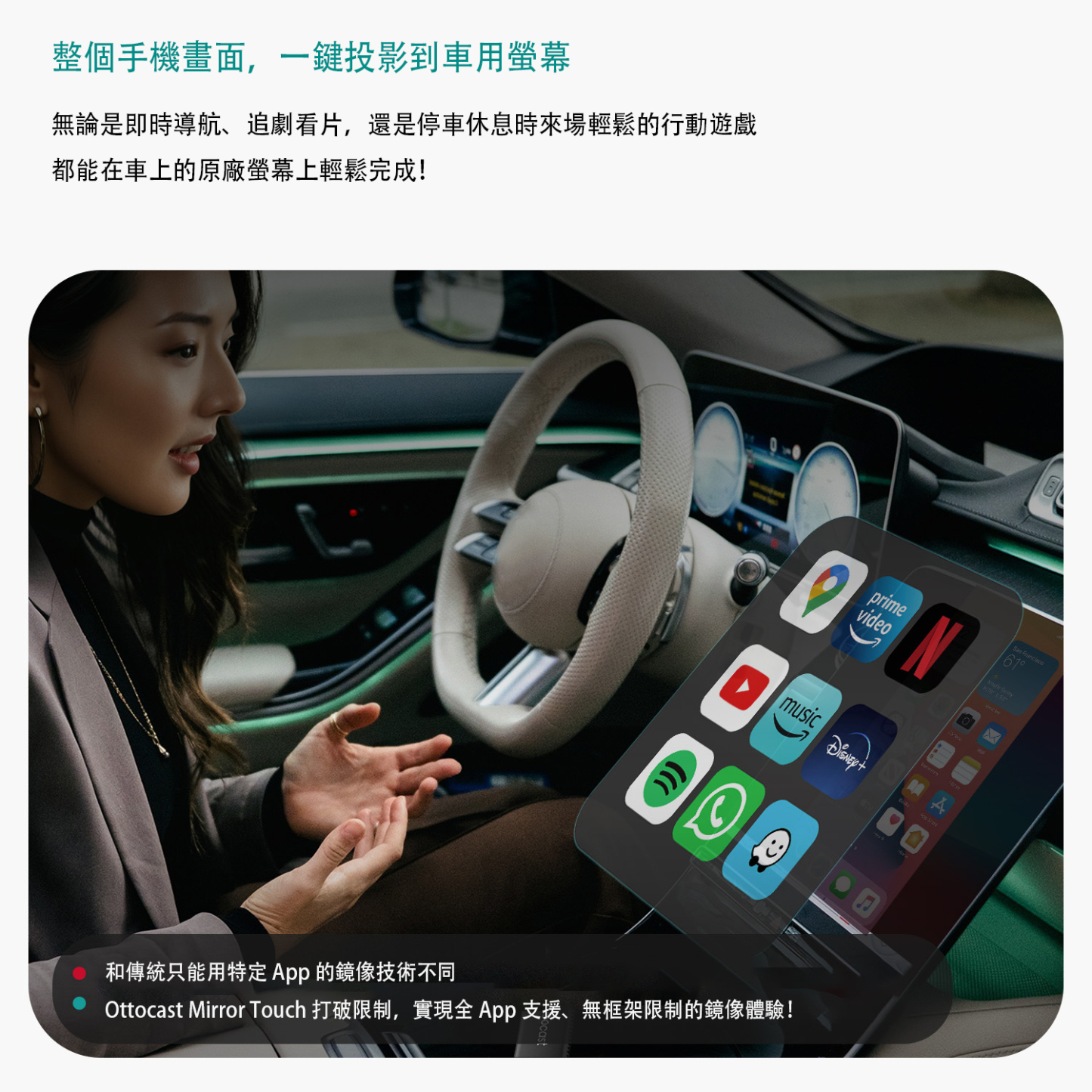 Ottocast Mirror Touch｜無線雙向鏡像＋快速充電 CarPlay 轉接器