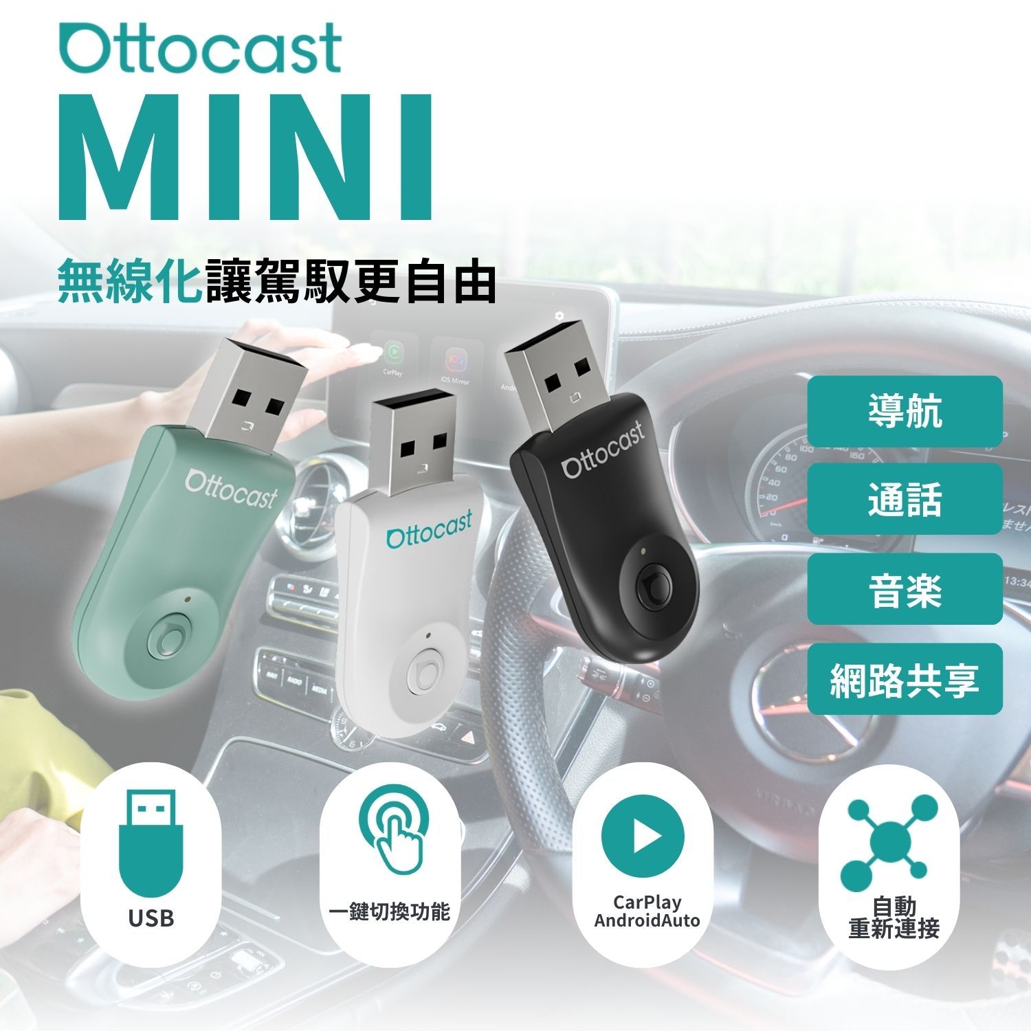 OTTOCAST MINI  無線CarPlay/Android Auto二合一接收器