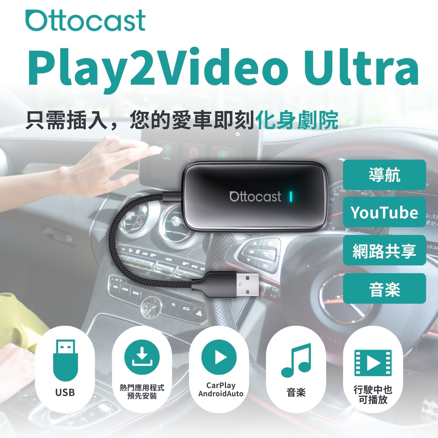 Play2Video Ultra無線 CarPlay、Android Auto 及影片應用一體化接收器