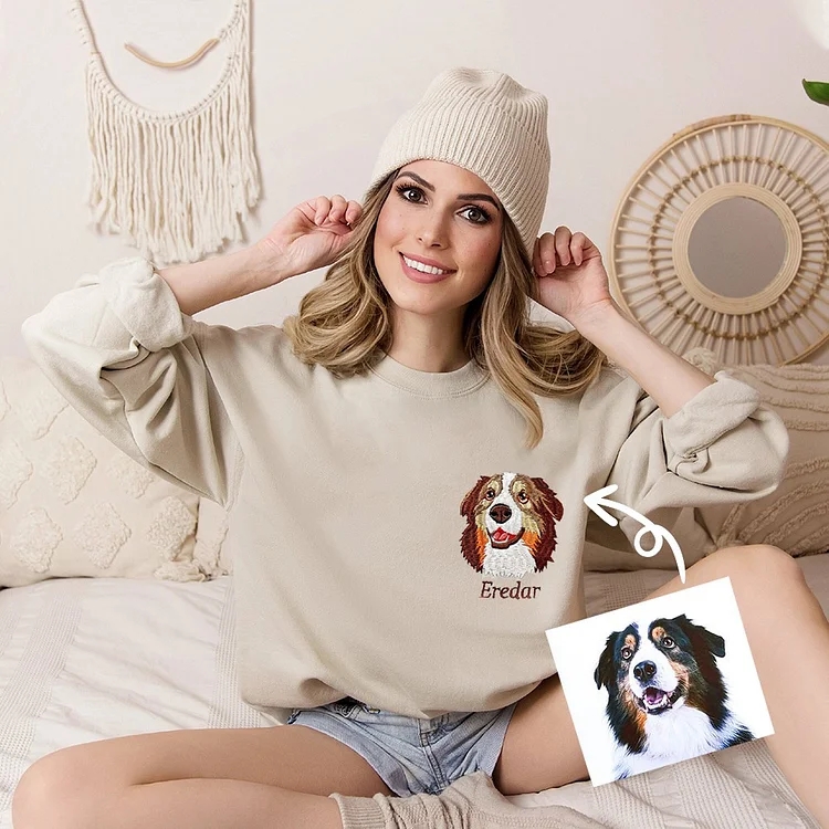 Custom Pet Face Colored Embroidered Sweatshirt Using Pet Photo