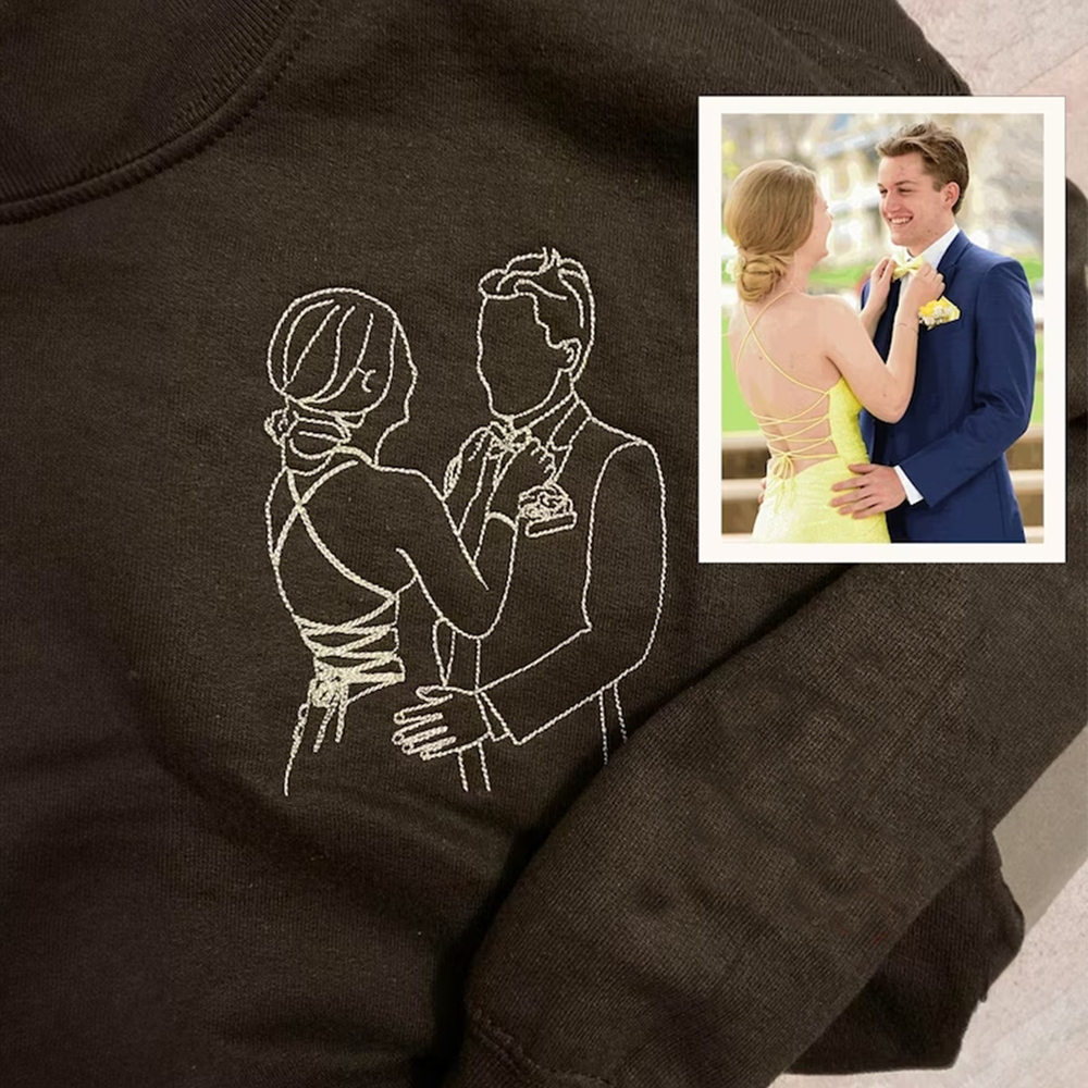 Custom Embroidered Pocket Portrait From Photo Outline Photo Sweatshirt Personalized Photo Couple Hoodie Gift For Him