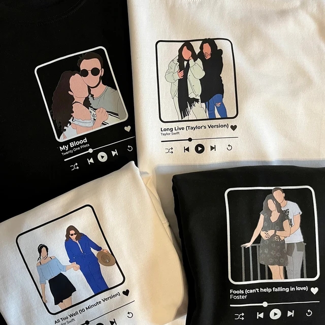 Custom Embroidered T-shirt Personalized Portrait Music Player for Couple