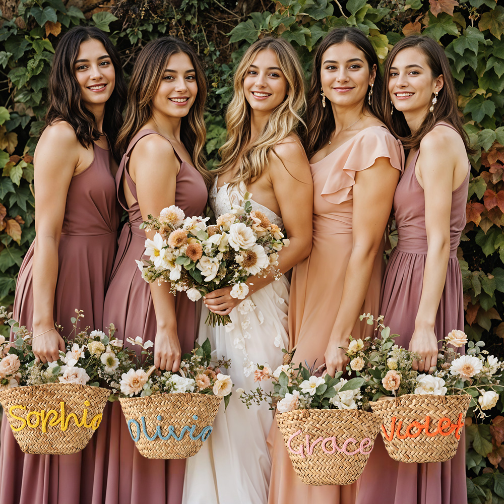 Personalized Embroidered Name Bags Straw Basket Bridal Shower Bags Customized Straw Bags Custom Wedding Bag Straw Tote