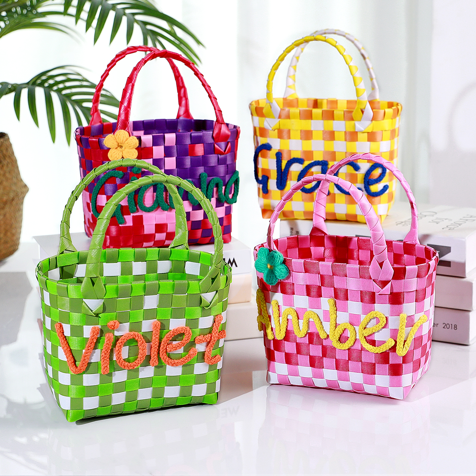 Custom Name Handbag Plastic Woven Basket Summer Fresh Color Matching Gift Basket Vegetable Basket Seaside Beach Bag