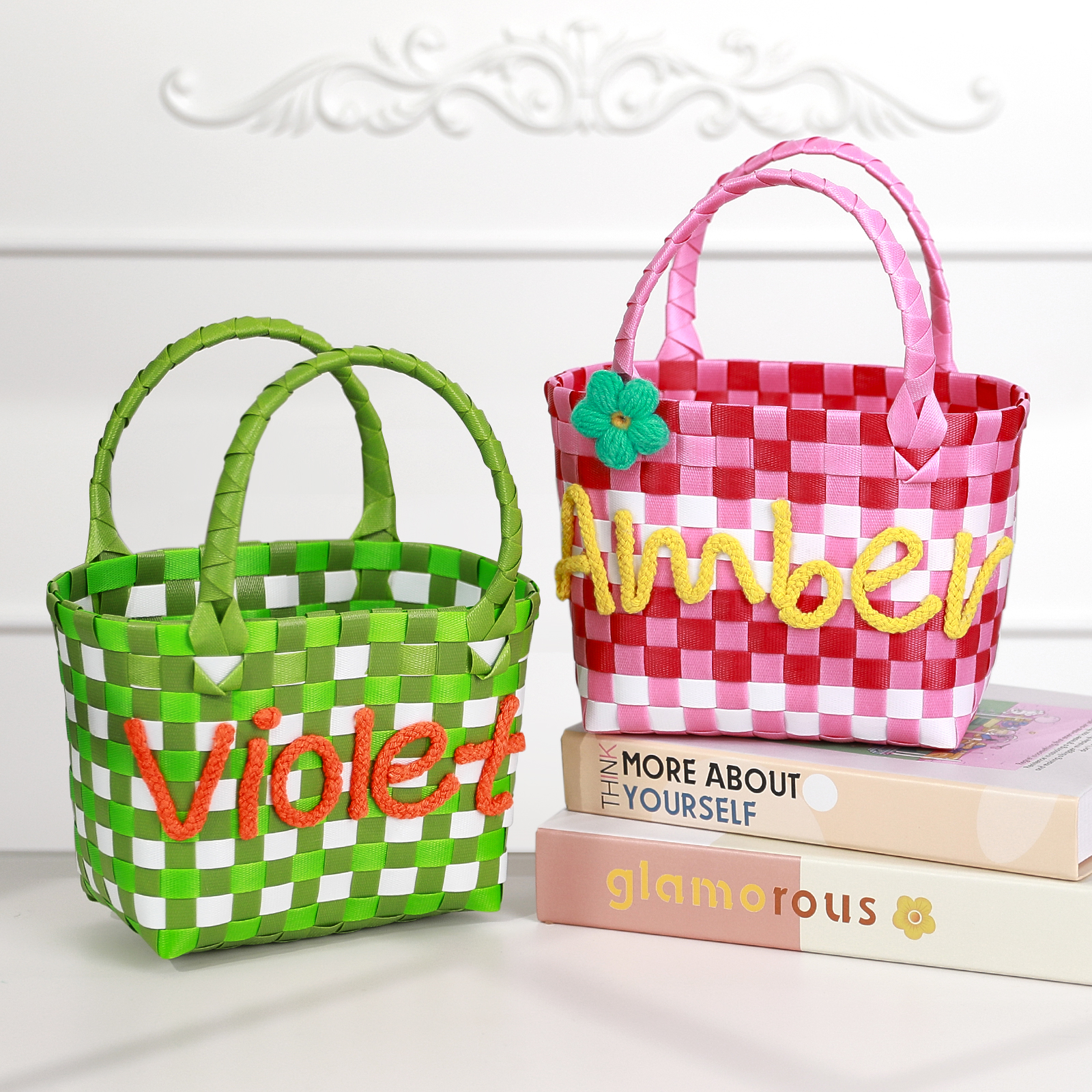 Custom Name Handbag Plastic Woven Basket Summer Fresh Color Matching Gift Basket Vegetable Basket Seaside Beach Bag
