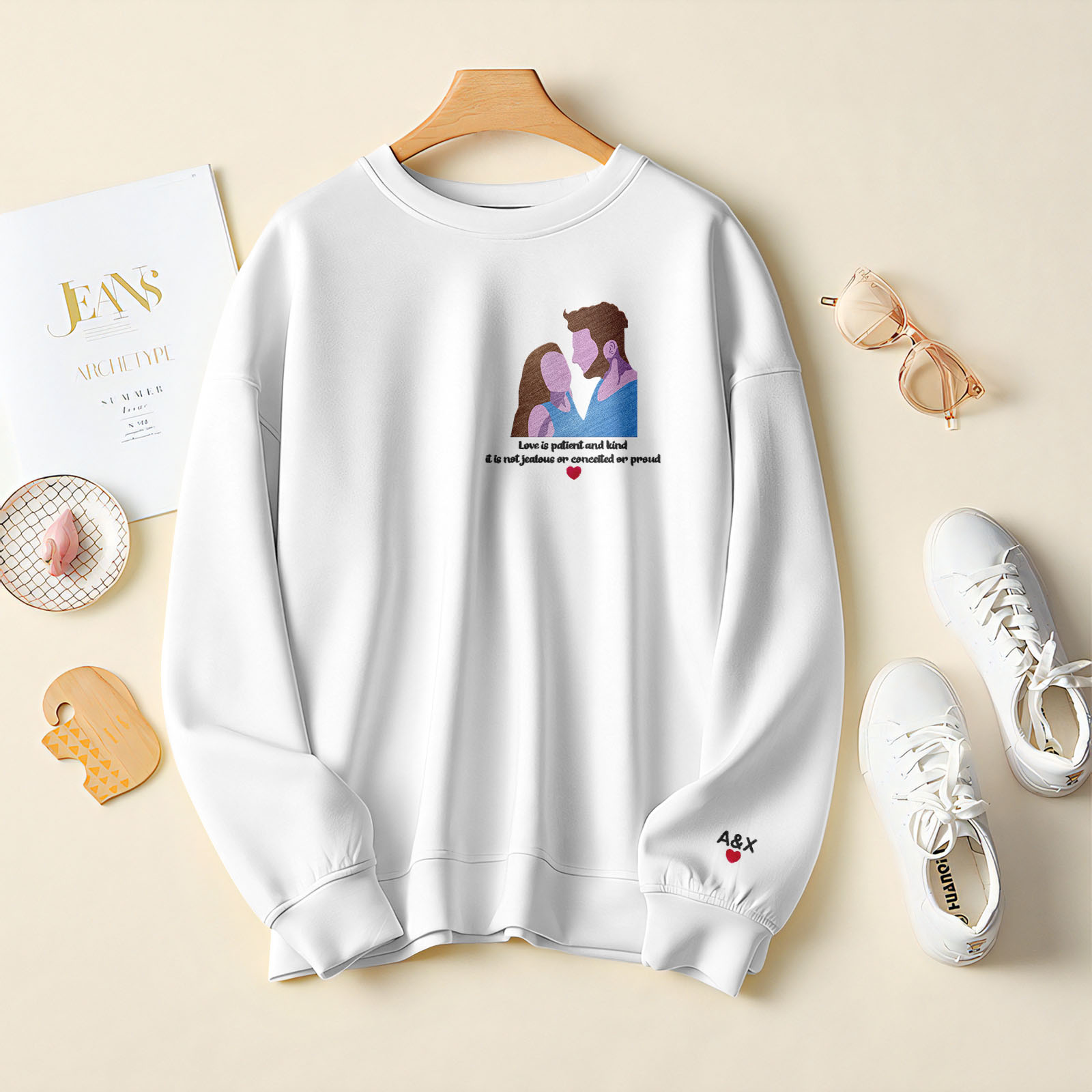 Custom Couple Photo Portrait Embroidery Sweatshirt For Valentine Day