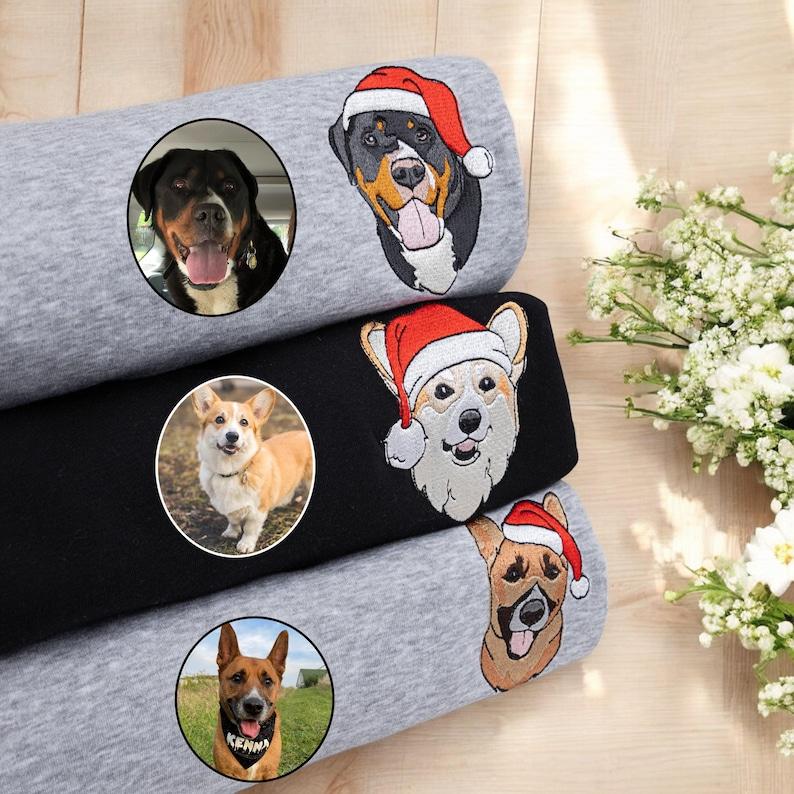 Embroidered Christmas Custom Portrait Dog Santa Hat Crewneck Christmas Custom Dog Sweatshirt Xmas Custom Pet From Photo Shirt Ugly Christmas