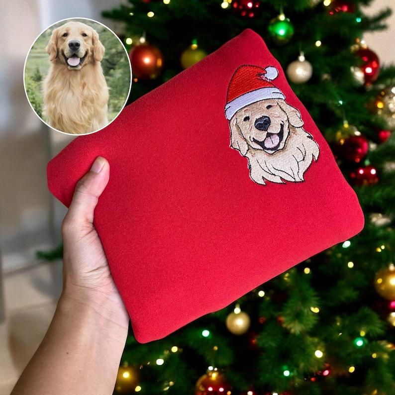 Embroidered Christmas Custom Portrait Dog Santa Hat Crewneck Christmas Custom Dog Sweatshirt Xmas Custom Pet From Photo Shirt Ugly Christmas