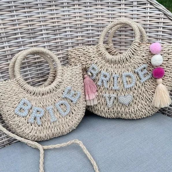 Bridal Pearl Handbag Personalized Gift For Bride Shoulder Straw Bag Beach Bag for Bride Wifey Straw Bag Gift For Wife Custom Bag for Bride