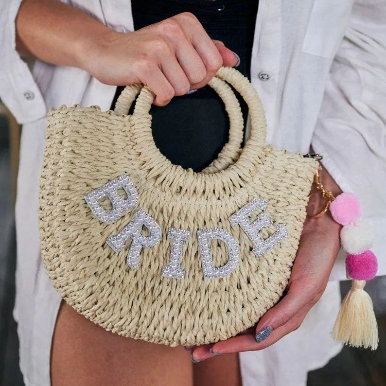 Bridal Pearl Handbag Personalized Gift For Bride Shoulder Straw Bag Beach Bag for Bride Wifey Straw Bag Gift For Wife Custom Bag for Bride