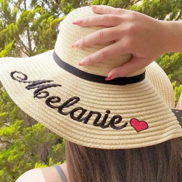 Name and heart on sun hat | Personalized | Machine embroidered | Wide-Brimmed Sun hat | Made of  paper straw