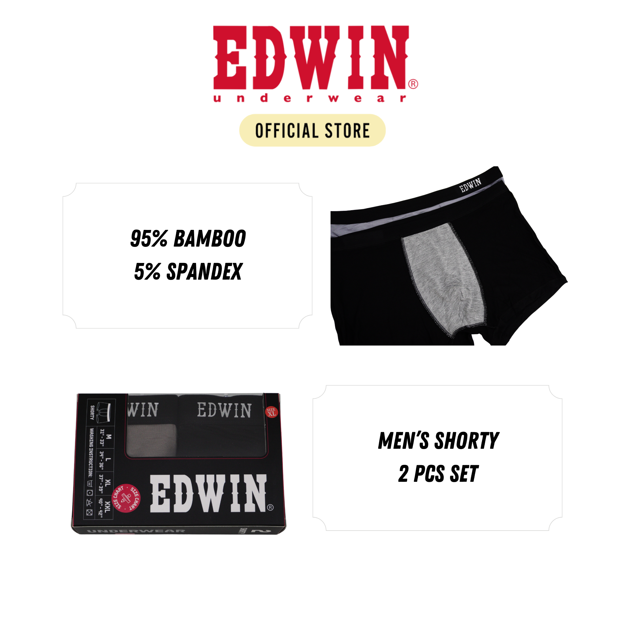 EV2592-2 Edwin Mens Premium Underwear Bamboo Spandex 2pcs