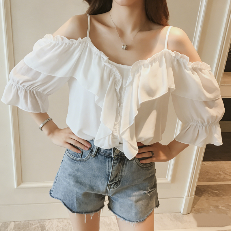 法式荷葉一字領露肩上衣 優雅氣質款